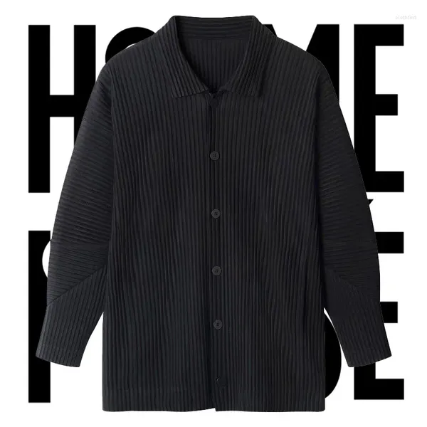 Chemises décontractées pour hommes miyake plissée chemise originale veste à manches longues cardigan noir luxe luxe jeune système japonais