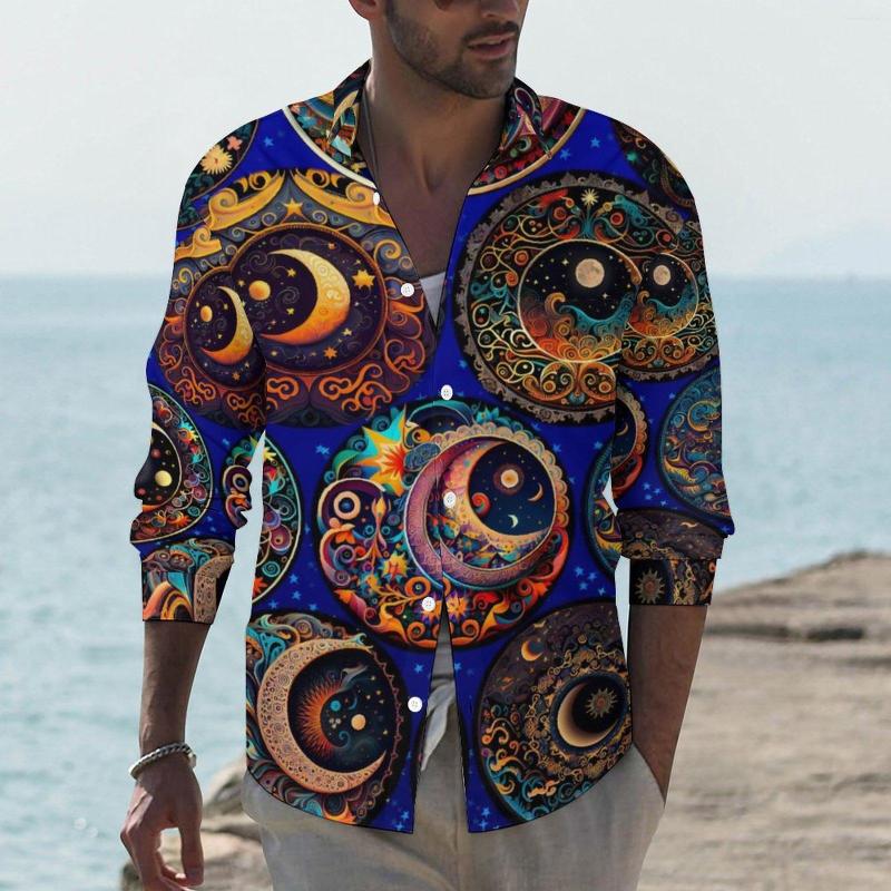 Camicie casual da uomo Luna e stella Camicia estetica celeste Uomo Night Sky Stampa Camicette allentate primaverili Manica lunga Graphic Top oversize