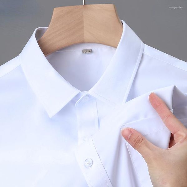 Camisas casuales para hombres Camisa de manga corta de seda de mora para el verano Vestido de negocios delgado Ropa de bolsillo blanco Chemise Homme