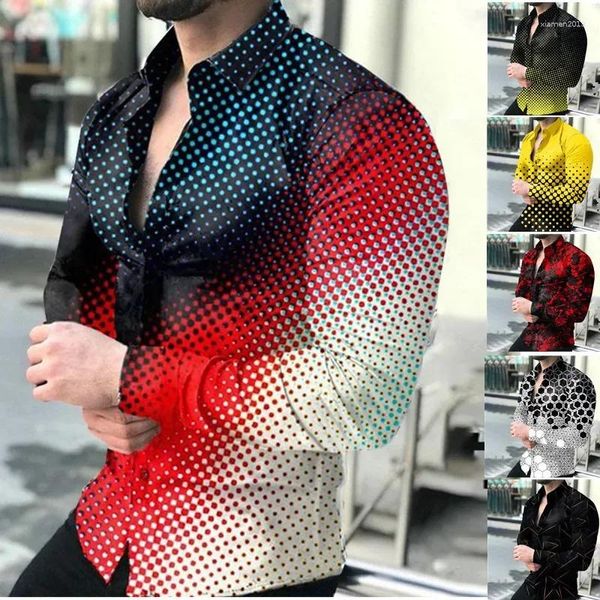 Camisas casuales para hombres Otoño multicolor Personalidad Tendencia Manga larga Impreso Camisa gradiente Solapa Top de gran tamaño