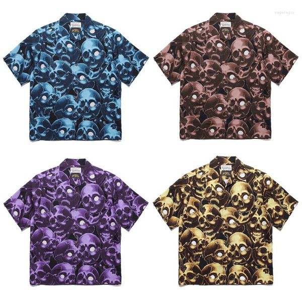 Camisas casuales para hombres Top de playa multicolor WACKO MARIA Estampado digital Cabeza de fantasma tatuada Calavera hawaiana y manga corta para mujer