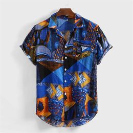 Camisas casuales para hombres Muqgew moda para hombre camisa impresa hawaiana seda hombres vintage étnico suelto botones de manga corta camisa # y3324F