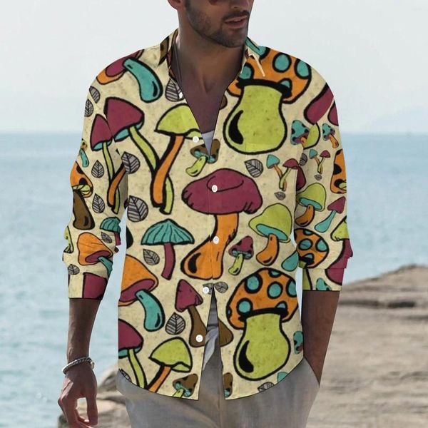 Chemises décontractées pour hommes Chemise de champignon Hommes Food Automne Y2K Blouses graphiques à manches longues Vintage Vêtements surdimensionnés Cadeau