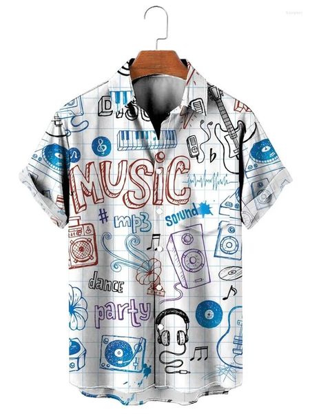 Camisas casuales para hombres Nota musical hawaiana 2023 Verano 3D Impreso Vacaciones Playa Ropa vintage Mujer Solapa Blusa Camisa lisa