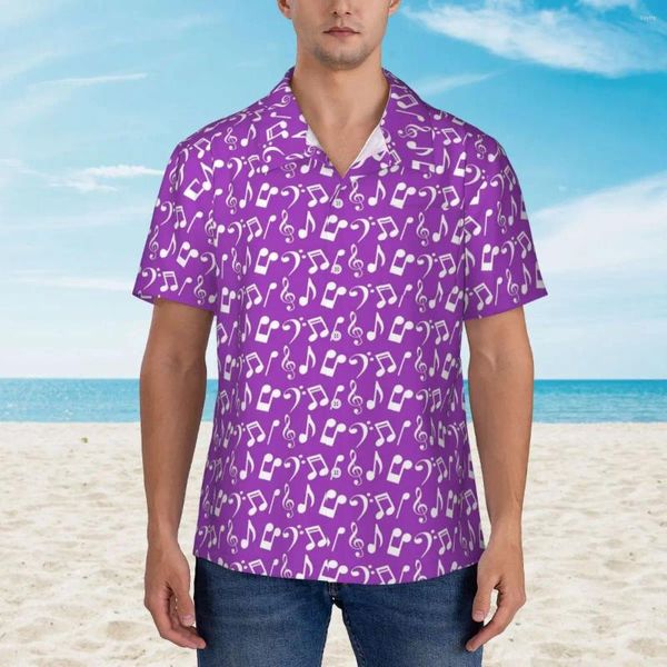 Camisas casuales para hombres Notas de música Camisa de playa Púrpura y blanco Hawaii Bodas Cool Bloses de manga corta Y2K Diseño divertido Tops