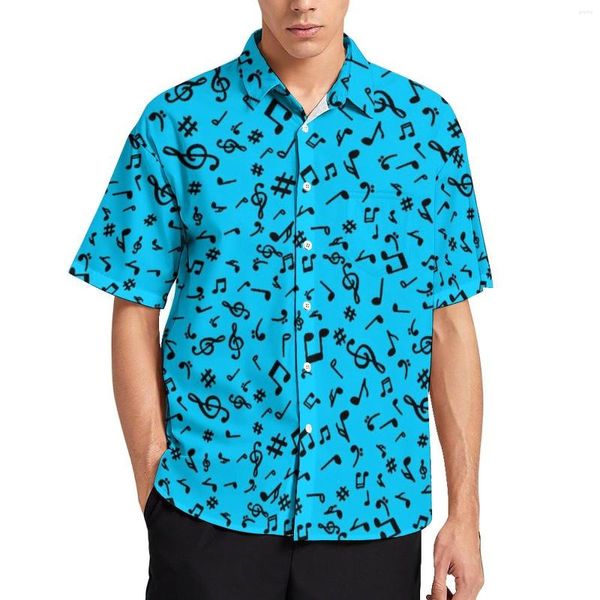 Camisas casuales para hombres Blusas con notas musicales Hombres Azul y negro Hawaii Manga corta Gráfico Vintage Camisa de vacaciones de gran tamaño Regalo