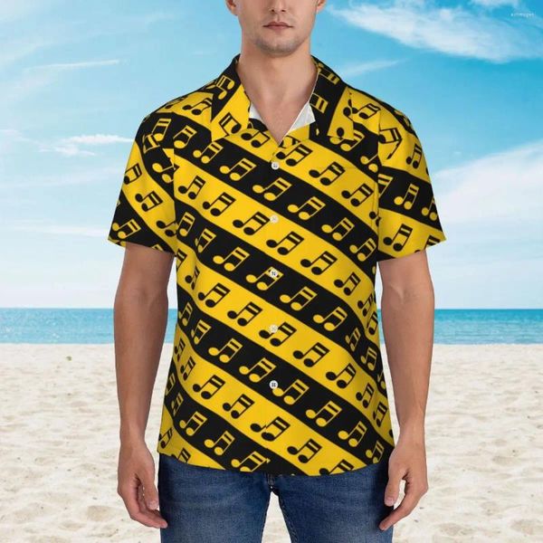 Chemises décontractées pour hommes Notes de musique Chemise hawaïenne Homme Plage Noir Jaune Rayé Manches courtes Design élégant Rétro Blouses surdimensionnées