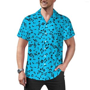 Camisas informales para hombre, camisa con notas musicales, azul y negro, para vacaciones, ropa de calle hawaiana holgada, blusas, ropa de gran tamaño estampada de manga corta