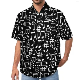 Chemises décontractées pour hommes Notes de musique chemise imprimé blanc et noir de plage noire lâche Hawaiian blouses à manches courtes conception de vêtements surdimensionnés