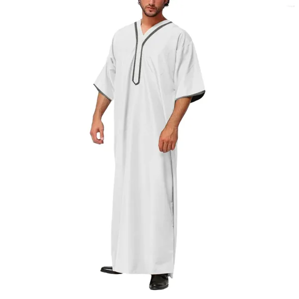 Chemises décontractées pour hommes Robe musulmane Chemise ethnique arabe Couleur unie Col en V Bouton Poche avant Robes Dubaï Blouses de vacances Tunique du Moyen-Orient