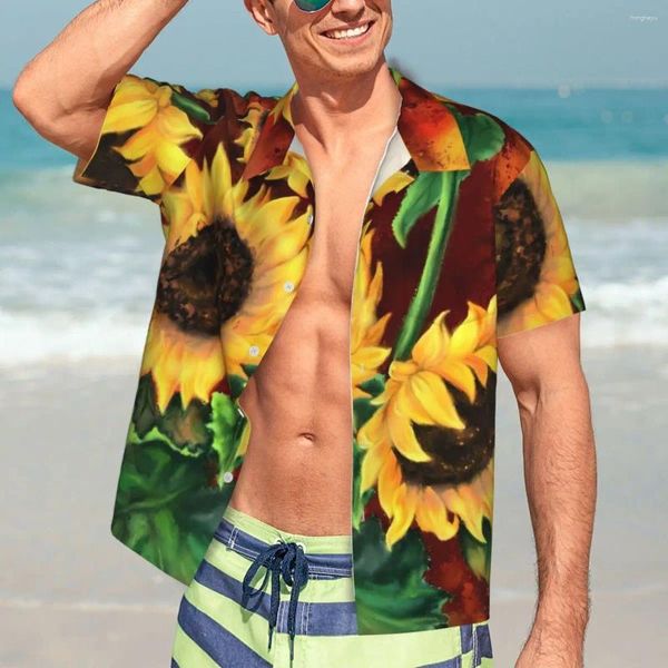 Camisas casuales para hombres Camisa de girasol natural Estampado de flores amarillas Novedad Hawaii Hombre Manga corta Playa Streetwear Blusas de gran tamaño