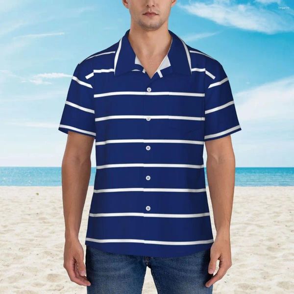 Chemises décontractées pour hommes Chemise de plage bleue nautique Mens rayures blanches Imprimer été à manches courtes élégant chemisiers surdimensionnés cadeau d'anniversaire