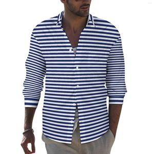 Chemises décontractées pour hommes Chemise de conception nautique Rayures bleues et blanches À manches longues Graphic Street Style Blouses Cool Vêtements surdimensionnés