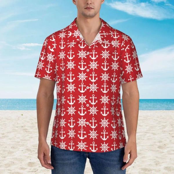 Camisas casuales para hombres Camisa de playa roja náutica masculina con estampado de ancla blanca Hawaii Diseño de manga corta Blusas de gran tamaño vintage Regalo