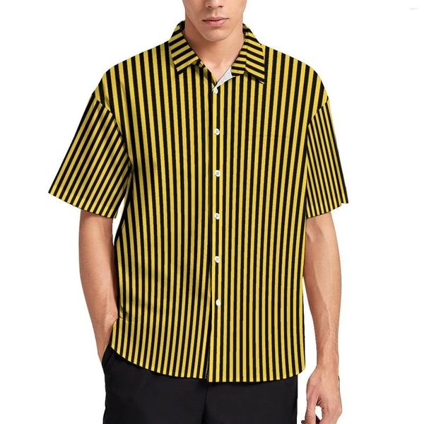 Chemises décontractées pour hommes Blouses à rayures nautiques homme jaune et noir hawaïen à manches courtes modélisation de la mode surdimension