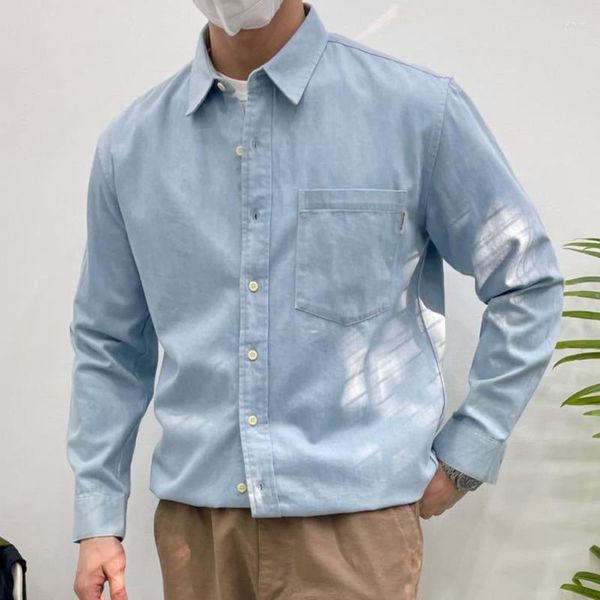Camisas casuales de los hombres Azul marino lavado Vintage Camisa de vestir de mezclilla para hombres Retro Camisa Masculina Social Formal Busniess Slim