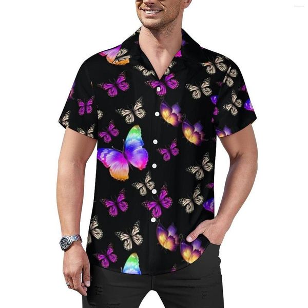 Camisas informales para hombre, camisa de playa con estampado de animales coloridos de mariposa de neón, blusas hawaianas Y2K para hombre, gráfico de talla grande