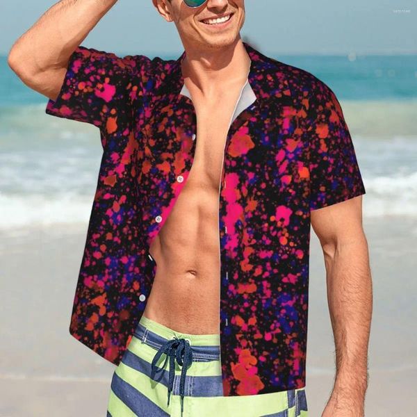 Chemises décontractées pour hommes Chemise de peinture au néon Violet et rose Splatters Vintage Summer Hommes Manches courtes Vacances Coréenne Modèle de mode Blouses