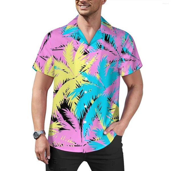 Chemises décontractées pour hommes Chemise de palmiers au néon Impression de plantes Plage Lâche Hawaii Blouses fraîches à manches courtes Vêtements surdimensionnés personnalisés