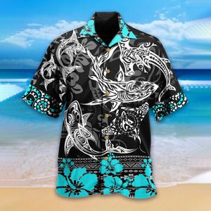 Chemises décontractées pour hommes New Hawaiian Mens Chemises Cool Shark Totem Imprimé Top Taille US Col Cubain Summer Vacation Beach Style Hangover Shirt Z0224