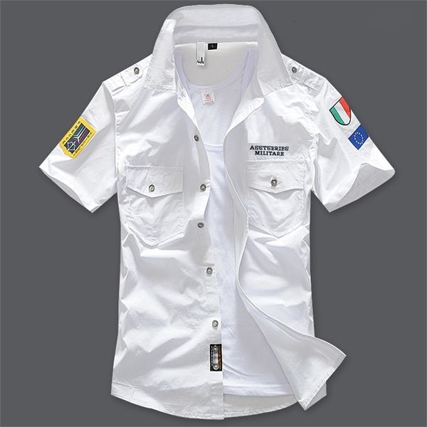 Chemises décontractées homme Nouveaux hommes chemises été broderie à manches courtes hauts 100% coton Cool décontracté Air Force mâle militaire Cargo chemise de grande taille 230505