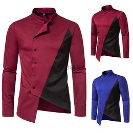 Chemises décontractées pour hommes Nouveaux hommes Blocage de couleurs irrégulières Shirt à manches longues Robe à collier debout Bouton de conception africain 240416