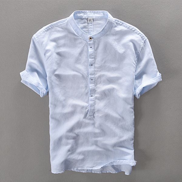 Chemises décontractées homme Nouveau mélange de coton et de lin marque chemises hommes été chemise bleue pour hommes à manches courtes chemises décontractées hommes hauts chemise respirante mâle 230420