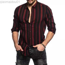 Camisas casuales para hombres Nueva camisa de hombre con estampado de rayas delgadas Ropa hawaiana Casual con botones Camisas de vestir de manga larga Streetwear Hombres Blusa Chemise Homme L230721