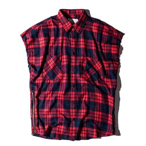 Hommes chemises décontractées nouvel été kanyegao rue rouge Plaid flanelle fendu fermeture éclair lâche hommes sans manches Bieber chemise mode