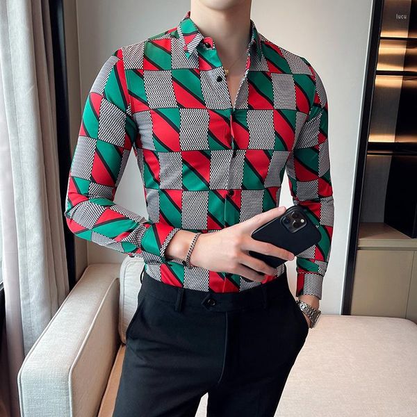 Chemises décontractées pour hommes belle automne Plaid hommes à manches longues Slim affaires robe formelle fête sociale discothèque Streetwear vêtements