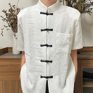 Casual shirts voor heren niche retro reliëf jacquard blouse Chinese schijf knop stand-up kraag schouderkussen korte mouwen shirt zomer