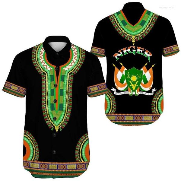 Camisas casuales para hombres Bandera de Níger Mapa 3D Impreso Manga corta para hombres Ropa Moda Camisa masculina hawaiana África Solapa Blusa Escudo de armas Tops