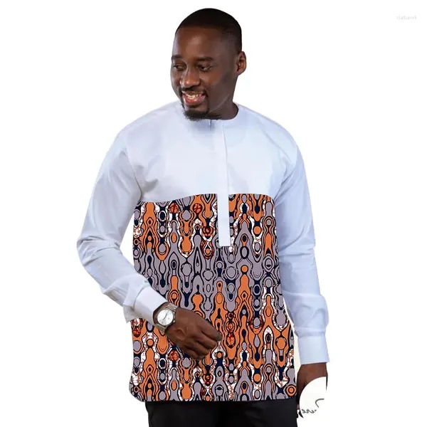 Camisas casuales para hombres Camisa blanca de moda nigeriana Tops de manga larga Diseño de retales Ropa de fiesta de boda africana a medida