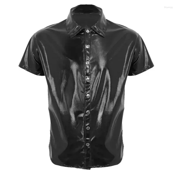 Camisas casuais masculinas boate pvc couro topos moda manga curta botão-up pu magro-ajuste t látex wetlook dança clubwear