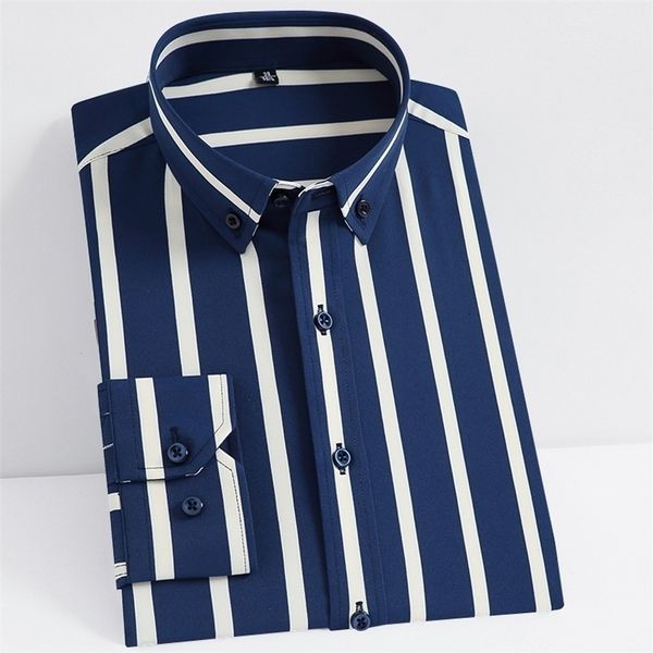 Camisas casuales para hombres Vestido a rayas de manga larga elástico sin hierro Material liso inteligente Camisa con botones juvenil de ajuste estándar 221114