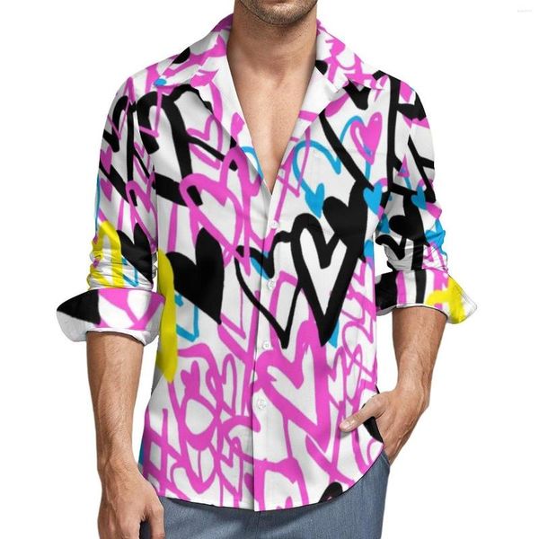 Camisas informales para hombre, camisa con estampado de líneas nórdicas, blusas Y2K personalizadas de manga larga con corazones de grafiti, ropa holgada de otoño de gran tamaño