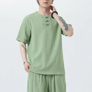 Casual shirts voor heren nieuwigheidskleding zomer Chinese conventionele stijl V-hals vast katoenen linnen shirt traditionele top 5xl