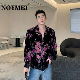 Chemises décontractées pour hommes Noymei Contraste Couleur À la mode 2024 Style coréen Top Flocage Manches longues Motif de fleurs Niche Design Chemise Hommes