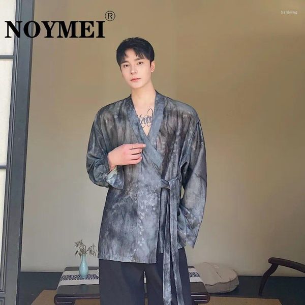 Chemises décontractées pour hommes Noymei Summer Style de peinture à l'encre chinoise à lacets à manches longues sexy transparence col en v mâle haut WA4224