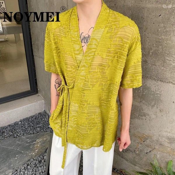 Chemises décontractées pour hommes Noymei Summer Chinois Style Hollow Out Fleur Short Sexy Sexy Transparent Transparent 2024 Green Male Top V-Cold WA4388
