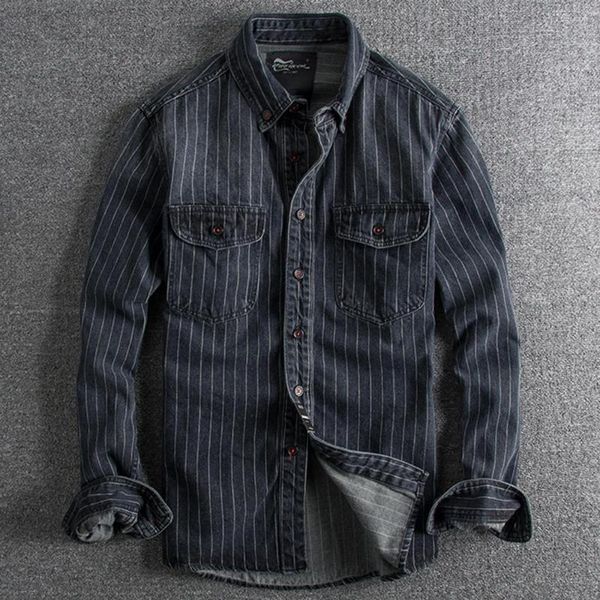 Chemises décontractées pour hommes Old Fashion Mens Dress Suit Shirt à manches longues Vintage Striped Mans Denim Coat Printemps Automne Européen Américain