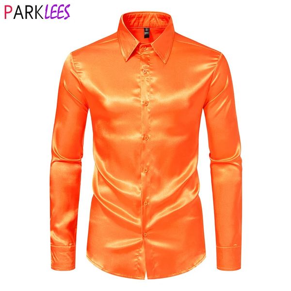 Chemises décontractées pour hommes Orange Mens Soie Satin Chemise 70s Disco Dance Discothèque Robe Chemises Hommes Fête De Mariage À Manches Longues Chemise Décontractée Chemise Homme 2XL 231130