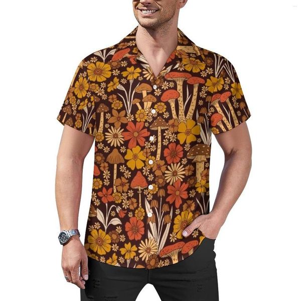 Chemises décontractées pour hommes Orange Champignons Rétro Années 1970 Fleurs Imprimer Chemise De Plage Hawaïen Drôle Blouses Hommes Motif Plus La Taille 4XL