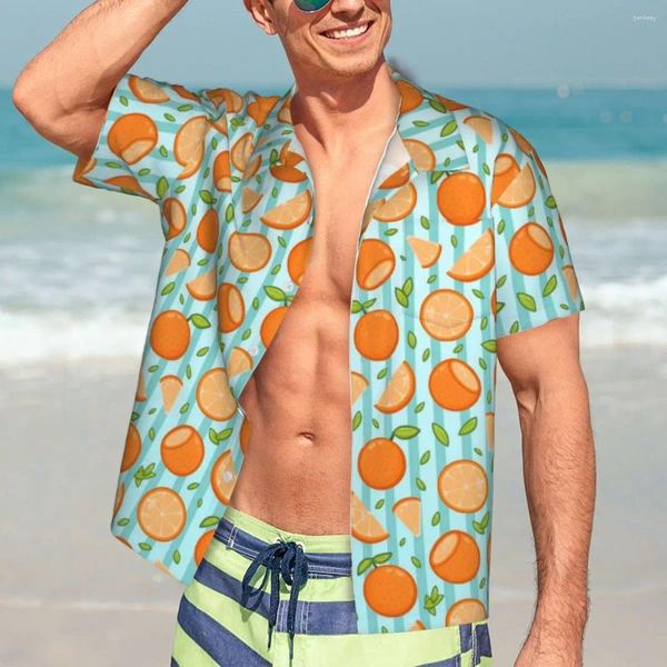 Camisas casuales para hombres naranja naranja camisa de playa dibujos animados estampados de fruta de fruta hawaianas blusas novedosas mangas de manga y2k ropa gráfica divertida