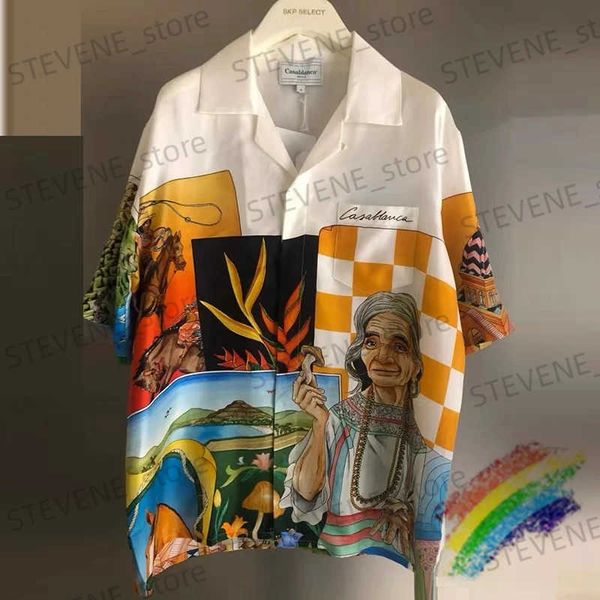 Chemises décontractées pour hommes Orange Silk Casablanca Chemises Hommes Femmes 1 1 Meilleure qualité Portrait Impression Hawaii Beach Shirt T231214