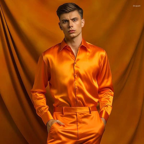 Camisas casuales para hombres Camisa de satén de seda naranja para hombres Marca Vestido para hombre Slim Fit Camisas de Hombre Fiesta Danza Trajes de escenario Chemise
