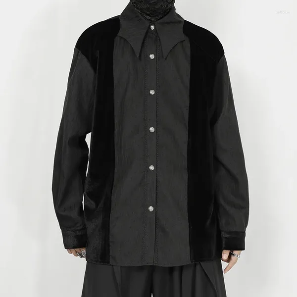 Camisas casuales para hombres Camisa de ropa original con empalme de terciopelo negro Diseñador de nicho Pi Shuai Manga larga suelta