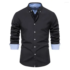 Casual shirts van heren Oxford voor mannen lange mouw 70% katoenen vaste kleur Sociale shirt met wentekrachtige kraag met één borsten blouse zwart