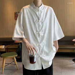 Chemises décontractées pour hommes Chemise jacquard à boutons à manches courtes Costume Tang chinois Été Veste en soie glacée Col montant Tops amples