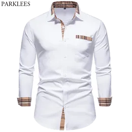 Camisas casuales para hombres PARKLEES 2022 Otoño Plaid Patchwork Formal para hombres Slim Manga larga Blanco Botón Up Camisa Vestido Oficina de negocios Camisas